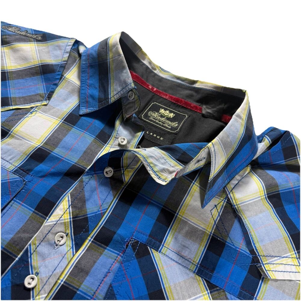 Y2K AKDMKS Akademiks Mens Long Sleeve Blue Plaid Button Up Size Xlarge XL